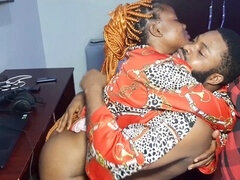 Ladygold Africa gets stretched out by Krissyjoh's massive cock while editing Nigerian porn video