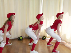 Baseball babes Dixie Lynn, Lola Leda and Athena May take turns bouncing on prick