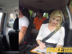 British blonde bombshell examiner with big boobs fucks and sucks in car like a pro
