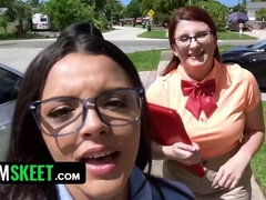 Redhead schoolgirl Ella Cruz and her friends get naughty with a creampie surprise