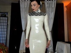 Horny Lady in White Latex Dress Tease you cock