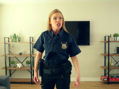 Lady cop Britney Amber helps her stepson to focus on his homework