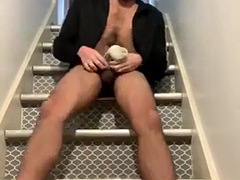 Masturbating with a dirty sock and showing her ass on the stairs