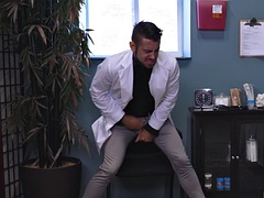 Black stud gets blowjob before being fucked bareback in the doctors office