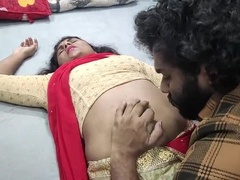 Hot Indian Wife in Red Half Saree - Navel Lick & Romantic Kissing