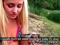 Blonde lesbians make secret pussy-eating sextape by the lake in HD