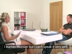 Sexy new blonde agent empties studs balls during first casting