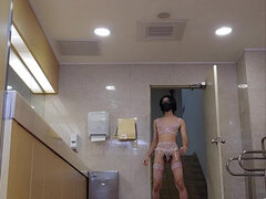 Oil up in Public Bathroom and Cum