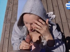 Neighbor catches morning yoga by the pool and jumps in with me