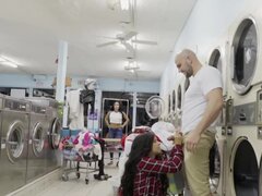 Long-haired thief lets customer fuck her to keep his mouth shut