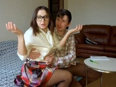 Cum splashes on teacher's glasses during home check-up!