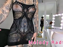 Trying on sheer blue lace lingerie with big tits Melody Radford