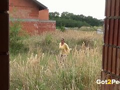 Kinky blonde teen relieves herself on a construction site to quench her thirst