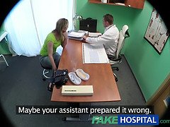 Sexy blonde begs for doctor's pills after an exam in fakehospital reality