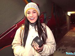 Watch this hot brunette in red lingerie get wild and ride a huge fat dick in public