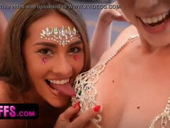 BFFS - Perfect Assed Girls In Skimpy Bikini Celebrate The Fantasy Fest With Sharing Stranger's Cock