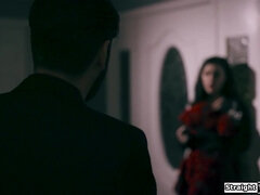 Petite babe kisses sex doll while fucked