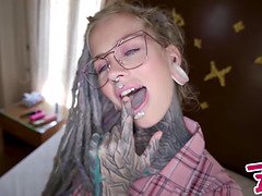 Petite glasses-wearing nerdy TATTOO teen gets rough anal and facial cumshot