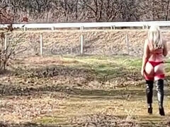 Little Whore Strips off Her Red Bodysuit on the Highway Part 1