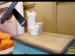 Stepbrother fucks unsuspecting blindfolded girl on the bed