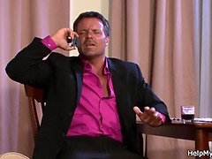 Husband watching his blonde wife riding cock