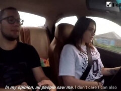 Girl jerks off a guy and masturbates herself while driving in public (talk)