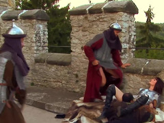 Slender redhead hottie gets banged outside by three men