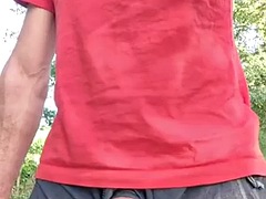 Risky showing my vibro ring outside. Cum piss and fat stream piss on the street