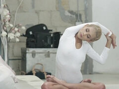 Stunning blonde model with long legs is fucked on the floor