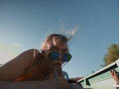 The Token Queen Of Buttfuck Nowhere - skinny blonde with small tits Lilly Bell outdoor anal sex in the pickup truck