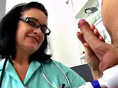 Lady with big natural tits Danielle jerks off to a skinny boy