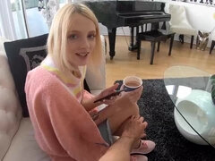 Lad treats blonde with coffee and her ass with a deep fuck