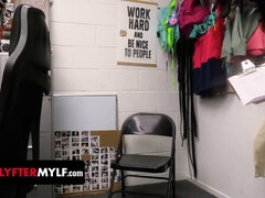 Thief MILF Sophia Locke submits to cop & sucks his dirty talk while getting cavity searched by mall cop