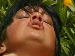 Sexy German eats warm cum in the garden