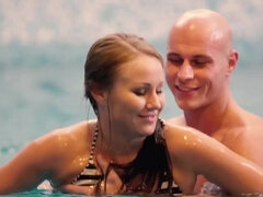 Teen swims in a pool and meets the bald guy to make it