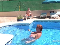 Redhead GILF with saggy tits fucking outdoors in the pool - JoJo - Big tits