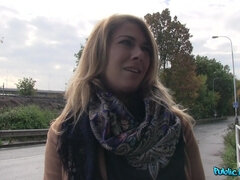 Blonde Opens Legs Outside and Gives Head For Cash - sloppy POV blowjob