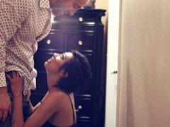 Black haired, Asian babe is sucking cock