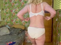 Lingerie fitting and workout in stockings with multiple squirts on pantyhose, JOI style