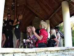 Blond, Kukk suging, Gruppe, Orgie, Utendørs, Vintage