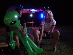 Katie Kush and Ella Cruz Area 51 Alien threesome outdoors