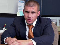 Watch this hot interracial office guy deepthroat and pound BBC guy's shaved black ass in the toilet