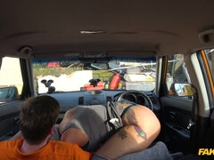 Kinky driving instructor with glasses fucks tattooed slut