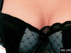 Hot wet blonde masturbates in sexy lingerie, stockings and chains