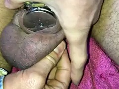 Putting my dick in a flat chastity cage with a urethral plug