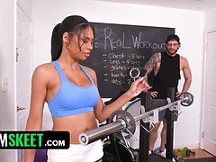 Watch this smoking hot babe with a massive body get her big tits and ass hammered hard at the gym