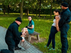 크고 아름다운 여자, 큰 엉덩이, 큰 가슴, 오랄섹스, 흑갈색 머리, 잡힌, 핸드잡, 밀프