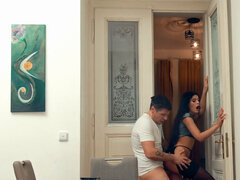 Spread black stocking legs that lead up to a fuckable bald pussy