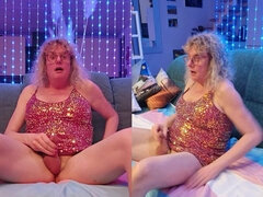 TS Lilly Sophie Late Night Wank in Pink Glitter Dress and Cum