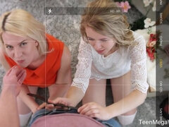 Blonde teens blow a guy and take facial in threesome